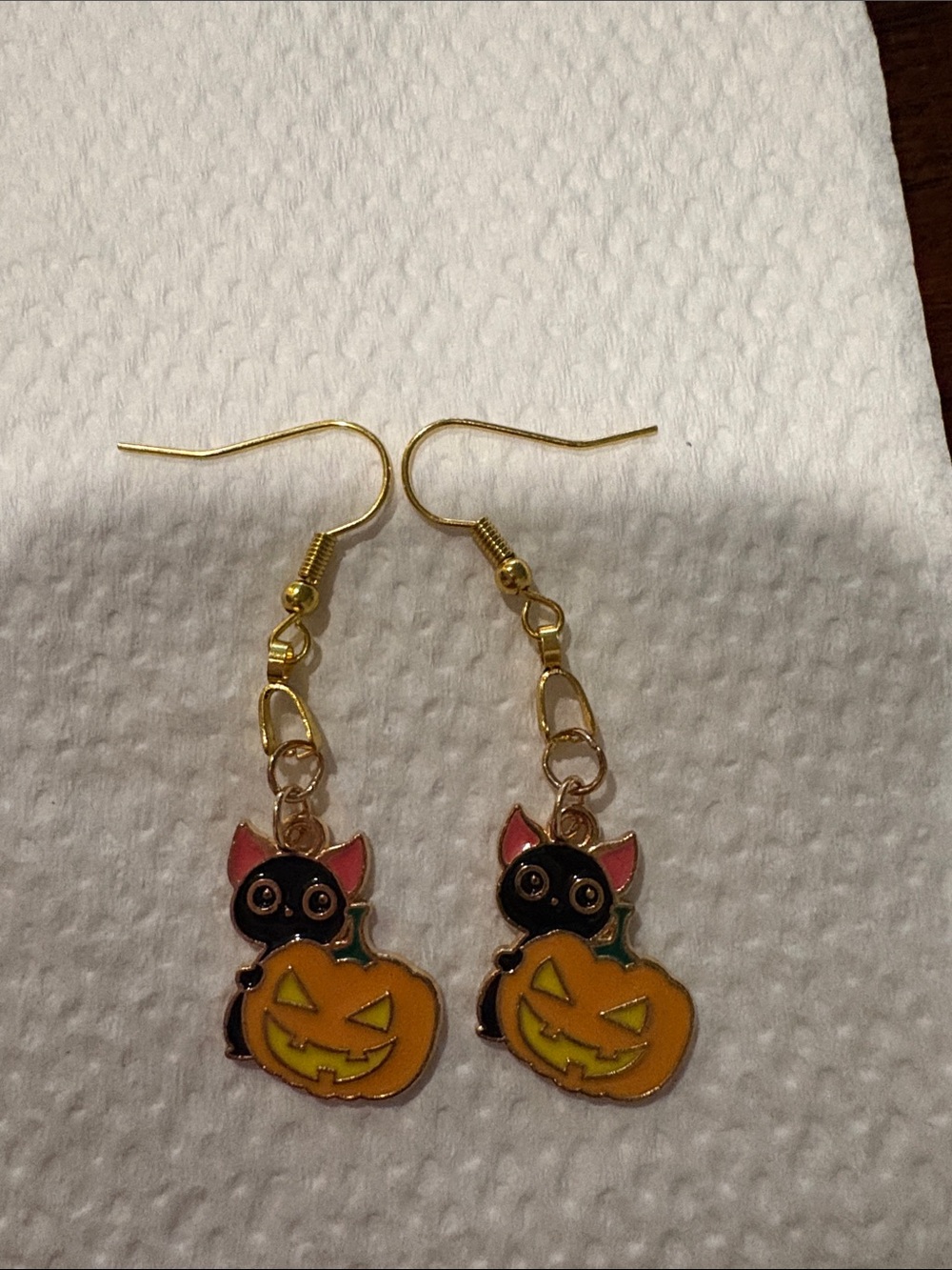 Gold Halloween Cat and Pumpkin Dangle Earrings - 2 for $18